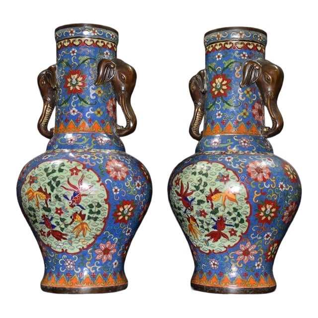 Monumental Pair of Cloisonné Enamel & Bronze Elephant-Handle Vases With Goldfish Motifs For Sale
