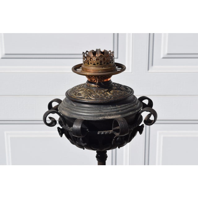 Victorian Antique Mid 19th Century Adjustable Wrought Iron Floor Oil Lamp Marked Duplex & B&H Mfg For Sale - Image 3 of 12