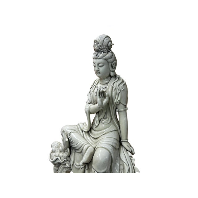 1980s Chinese Handcrafted GuanYin Bodhisattva on Dragon White Porcelain Statue For Sale - Image 5 of 10