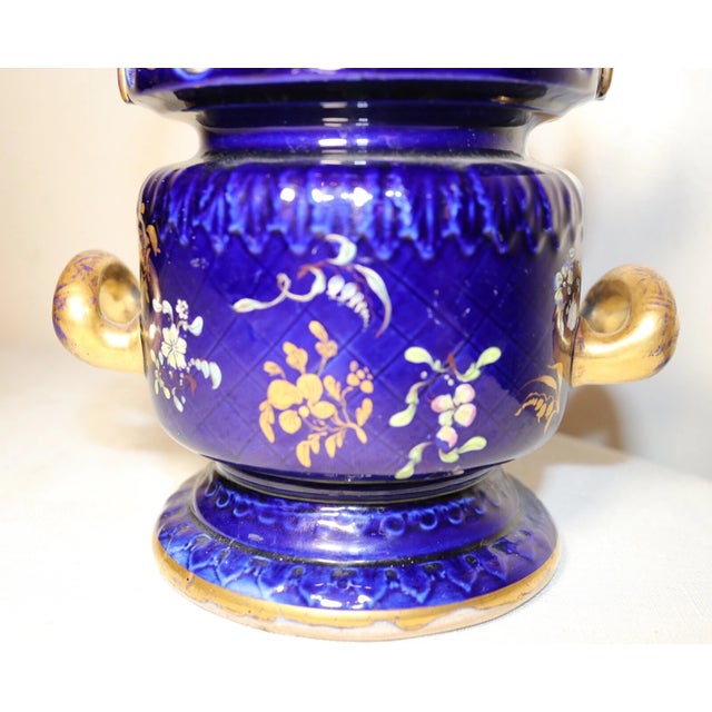 Asian Unique Antique Hand Painted Porcelain Cobalt Gold Gilded Basket Style Vase Pot For Sale - Image 3 of 11