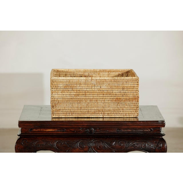 Vintage Handwoven Rattan Rectangular Storage Basket in Natural Honey Tone For Sale In New York - Image 6 of 18