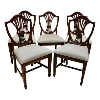 Mid 20th Century Vintage Mahogany Shield Back Dining Side Chairs Newly Re-Upholstered- Set of 5 For Sale