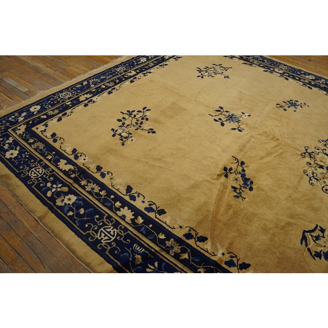 1920s Beige Floral Deco Oriental Antique Peking Room Size Wool Knotted Rug For Sale - Image 9 of 10