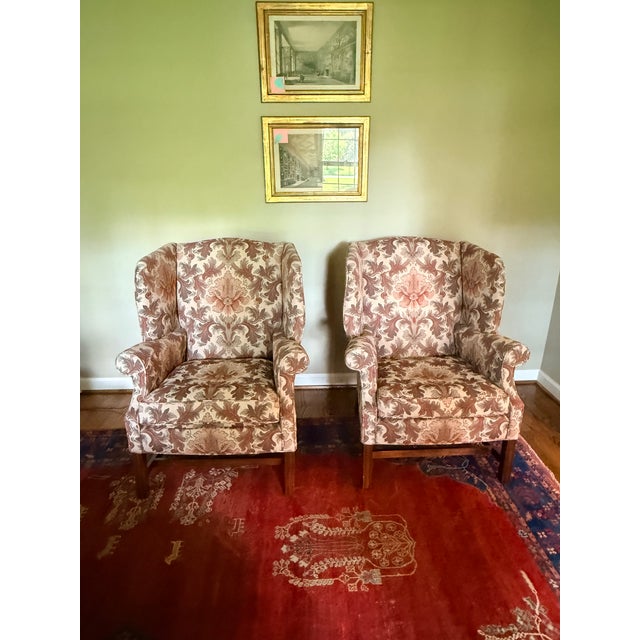 Pair of Jacquard TRS Wingback Chairs Muted earth tones in a heavyweight tapestry weave on a solid, well-constructed frame....