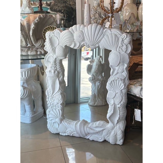Hollywood Regency Vintage Palm Beach Plaster Seashell Shell Wall Mirror Newly Lacquered Flat White For Sale - Image 3 of 12