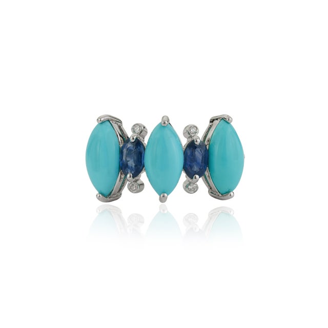 VR Jewels 18k White Gold 3.31ct Turquoise, Blue Sapphire & Diamond Georgian Revival Ring Size 6 For Sale - Image 4 of 17