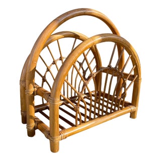 Mid Century Bamboo and Leather Magazine Rack For Sale