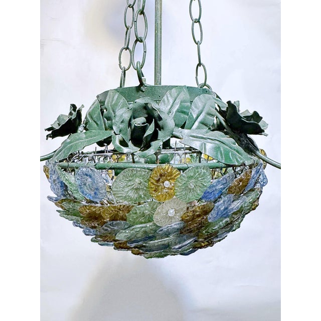 Neoclassical Vintage Italian Tole Chandelier With Murano Glass Flowers For Sale - Image 3 of 9