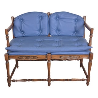 Mid 20th Century French Country Petite Walnut Ladder Back Settee Bench W/ Blue Faux Leather Cushions For Sale