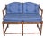 Mid 20th Century French Country Petite Walnut Ladder Back Settee Bench W/ Blue Faux Leather Cushions For Sale