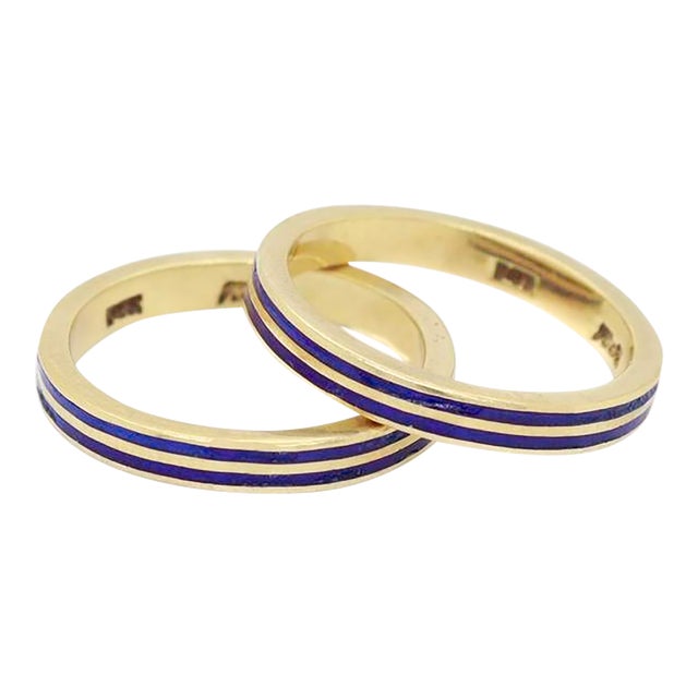 Pair of Signed 14k Gold & Blue Enamel Estate Band Rings For Sale