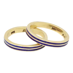 Pair of Signed 14k Gold & Blue Enamel Estate Band Rings