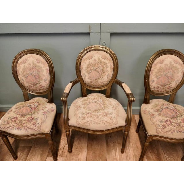 Wood French Louis XVI Style Salon Armchairs, Set of 5 For Sale - Image 7 of 8
