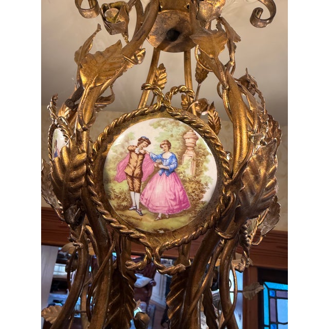 Mid 20th Century Vintage Gilt Metal & Hand-Painted Porcelain Medallion Chandelier, Rococo Revival Style For Sale - Image 5 of 8