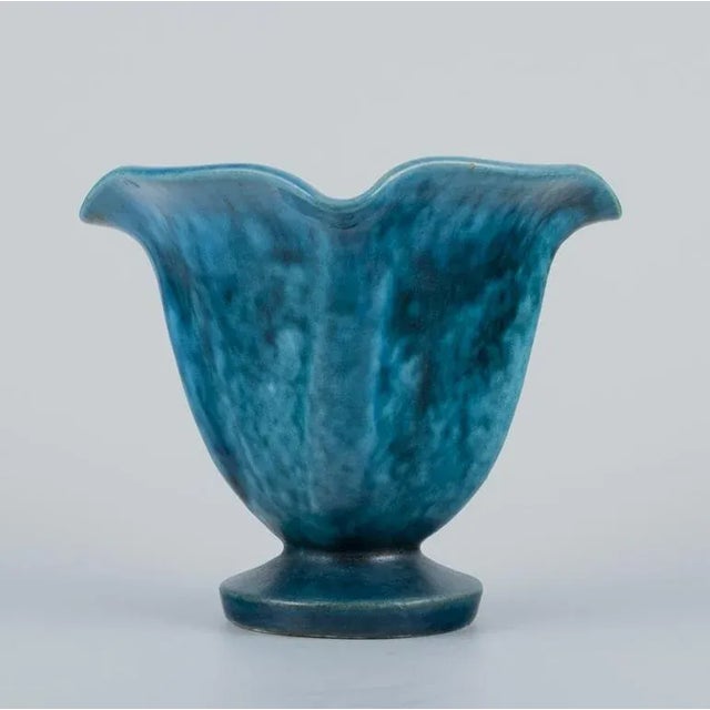 Svend Hammershøi for Kähler, Denmark. Small ceramic vase with organic shape. Turquoise glaze. Handmade. Circa 1930s. In...