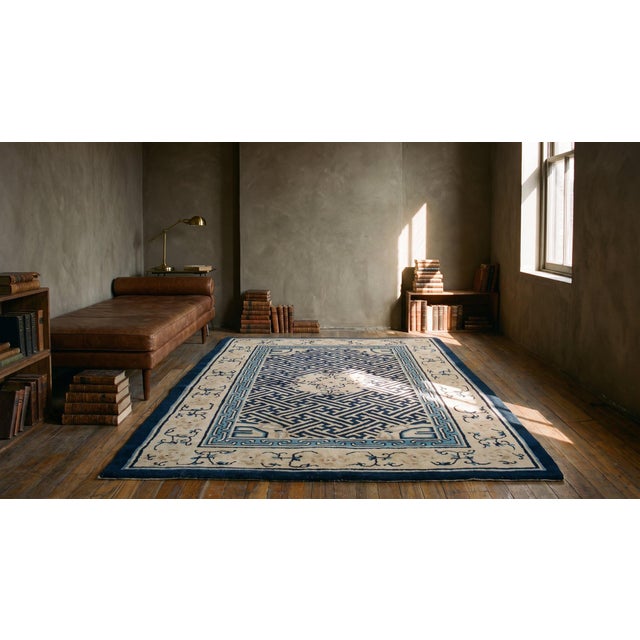 Textile 1920s Ivory Blue Medallion Antique Chinese Peking Rug 4'4" X 5'10" Handknotted Wool Carpet For Sale - Image 7 of 8