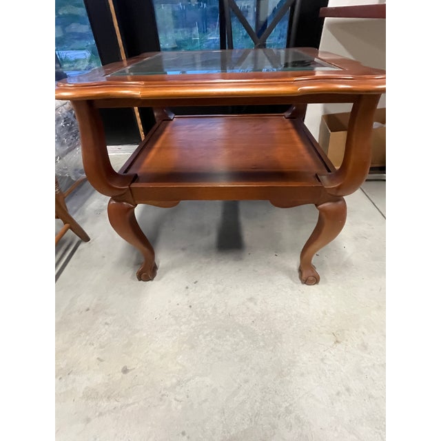 Queen Anne 1980s Pennsylvania House Cherry Ball and Clawfoot Glass Top Side Table For Sale - Image 3 of 5