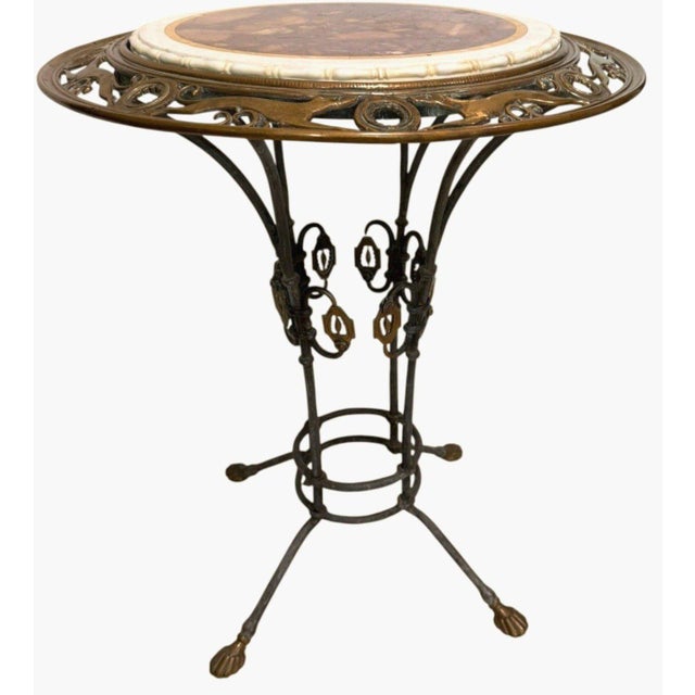 Antique Wrought Iron Brass Greyhound Gueridon Table Inlaid Marble Top 22" For Sale - Image 12 of 14
