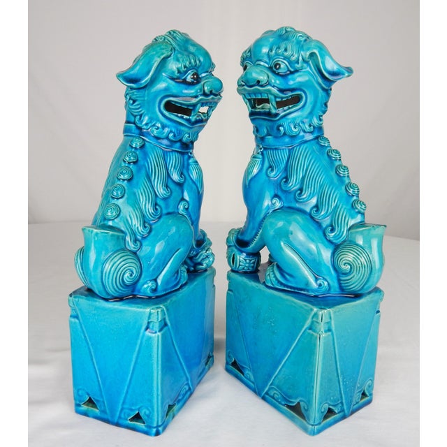 Early 20th Century Early 20th Century Turquoise Blue Glaze Foo Dogs- a Pair For Sale - Image 5 of 12