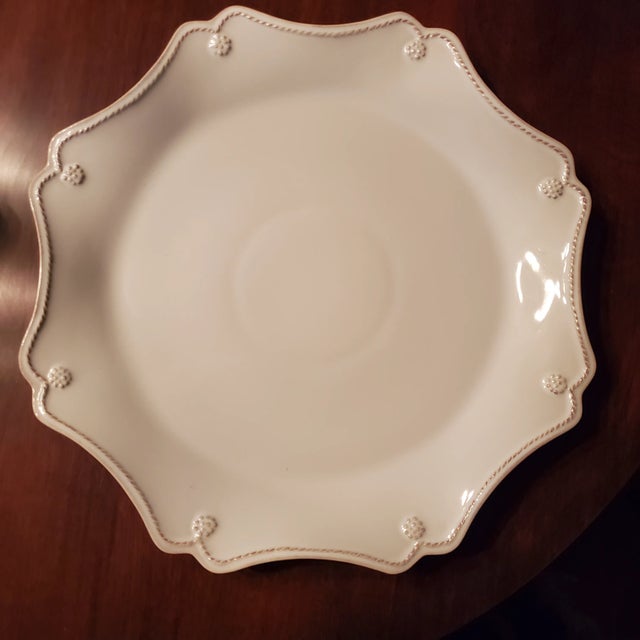 4 never used beautiful thread and Berry stoneware chargers in white (whitewash) Scalloped edge. 13.5 x 13.5