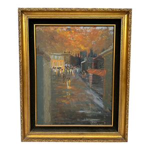 1960s Jim Williams Original Mid-Century Oil Painting "Street of Dreams", Framed