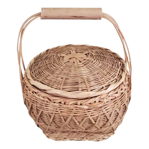 20th Century Woven Round Triple Handled Lidded Basket Boho Rustic Farmhouse Decor