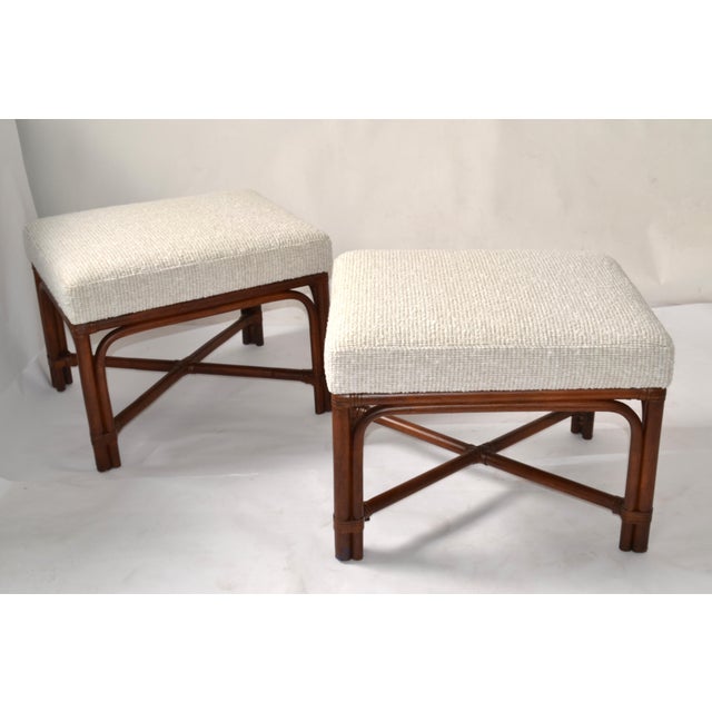 McGuire Pair of 1970s McGuire Attributed Bamboo Wood Bouclé Fabric Upholstery Ottomans Mid-Century Modern For Sale - Image 4 of 13