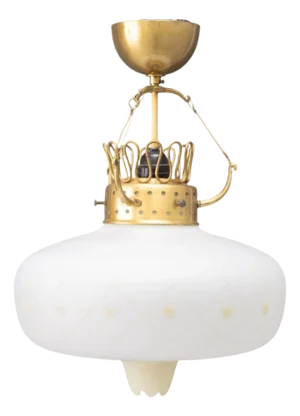 Swedish Modern, Opal Glass, Patinated Brass, Pendant Light, Sweden, 1940s