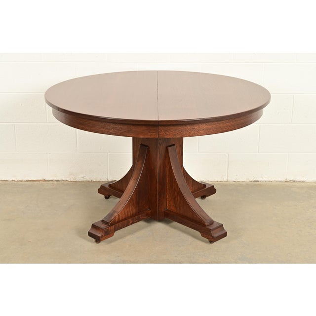 Stickley Brothers Antique Mission Oak Arts & Crafts Pedestal Extension Dining Table, Newly Refinished For Sale - Image 15 of 15
