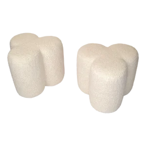 Pair 1970 Club Shaped Teddy Wool Bouclé Upholstery Ottoman Footstool Midcentury