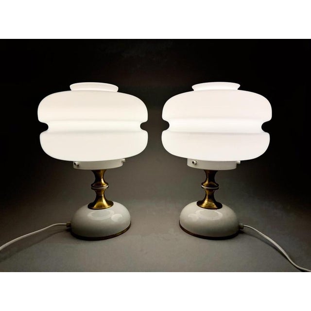 1970s Milk Glass & Brass Table Lamps attributed to Napako, Czechoslovakia, 1970s, Set of 2 For Sale - Image 5 of 12