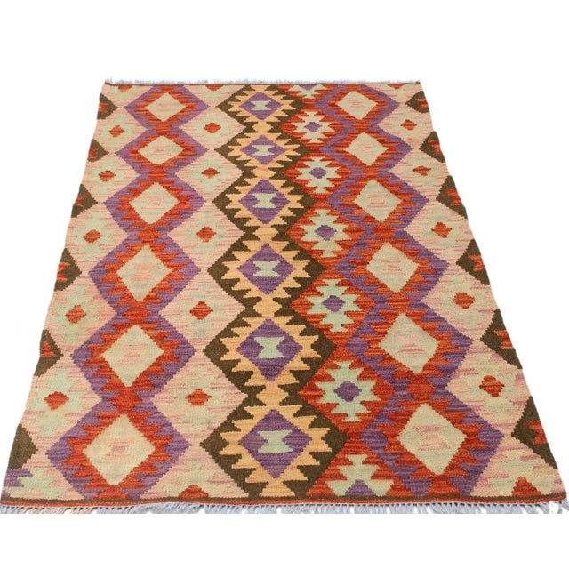 Textile Shabby Chic Abstract Kilim Red Pink Wool Rug - 3'5" X 5'1" For Sale - Image 7 of 8