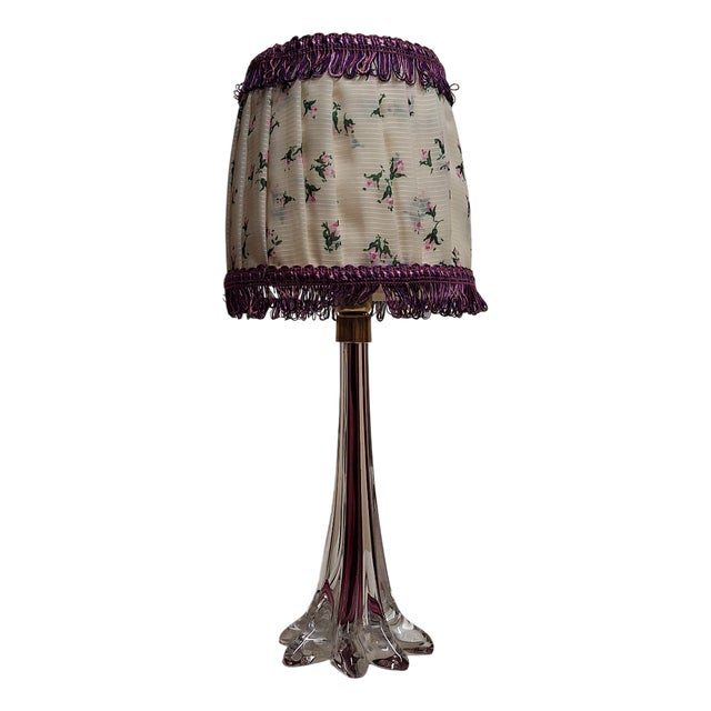 Vintage Belgian Table Lamp with Purple Underlaid Crystal Glass Base and Matching Handmade Fabric Shade from Lamplove, 1970s For Sale