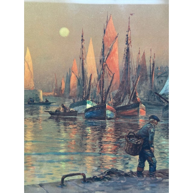 Printmaking Materials Antique Georges Maroniez “Fishing Port at Twilight” Maritime Print in Gilt Frame For Sale - Image 7 of 12
