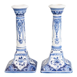 Vintage Dutch Delft Candlesticks - a Pair For Sale