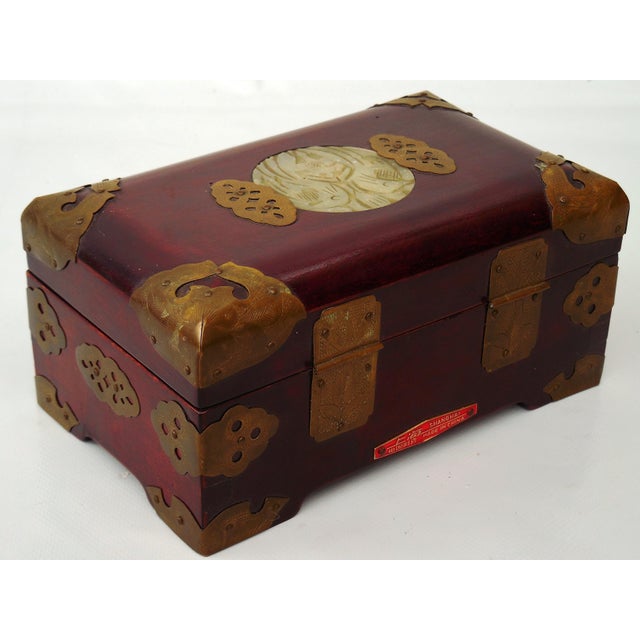 Vintage Chinese Rosewood Jewelry Box With Brass Fittings and Carved Jade Inlay For Sale - Image 6 of 7