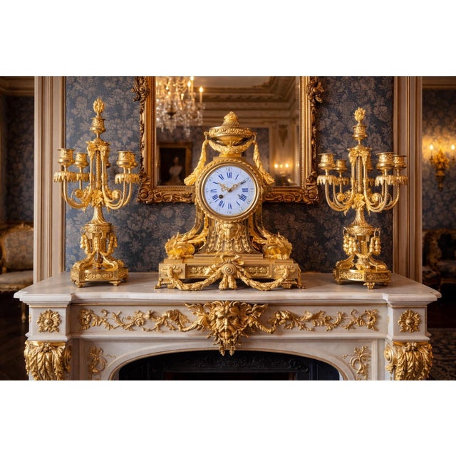 This exceptional circa 1860 French Louis XVI–style mantel clock garniture is a complete three-piece ensemble consisting of...