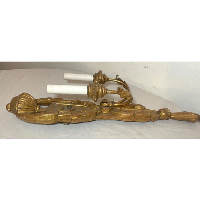 Gold Vintage Ornate Century Italian Hand Carved Gilt Wooden Iron Wall Sconce Fixture For Sale - Image 8 of 15