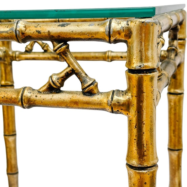 1960s Mid-Century Gilt Faux Bamboo Side Tables With Glass Tops, Attributed to Phyllis Morris - A Pair For Sale - Image 11 of 15