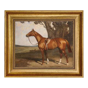 Saddled Chestnut Race Horse by Lynwood Palmer Framed Oil Painting Print on Canvas in Antiqued Gold Frame