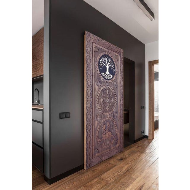 Hand-Carved Solid Wood Barn Door With Tree of Life & Mythological Griffin Motifs – Artisan Entry Door For Sale - Image 6 of 8