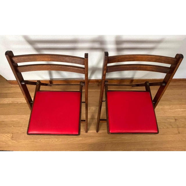 Mid 20th Century Mid 20th Century Folding Chairs by Nevco Furniture Corp., Red Vinyl & Walnut Finish — Set of 2 For Sale - Image 5 of 11