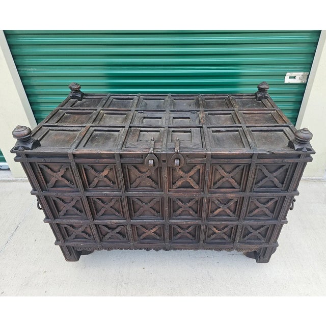 Rustic Monumental 19th Century India Iron Strapped Teakwood Damchiya Dowry Chest For Sale - Image 3 of 12