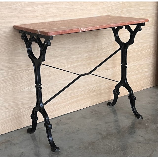 French Solid Cast Iron French Scrolling Bistro Table With Pink Marble Top For Sale - Image 10 of 11