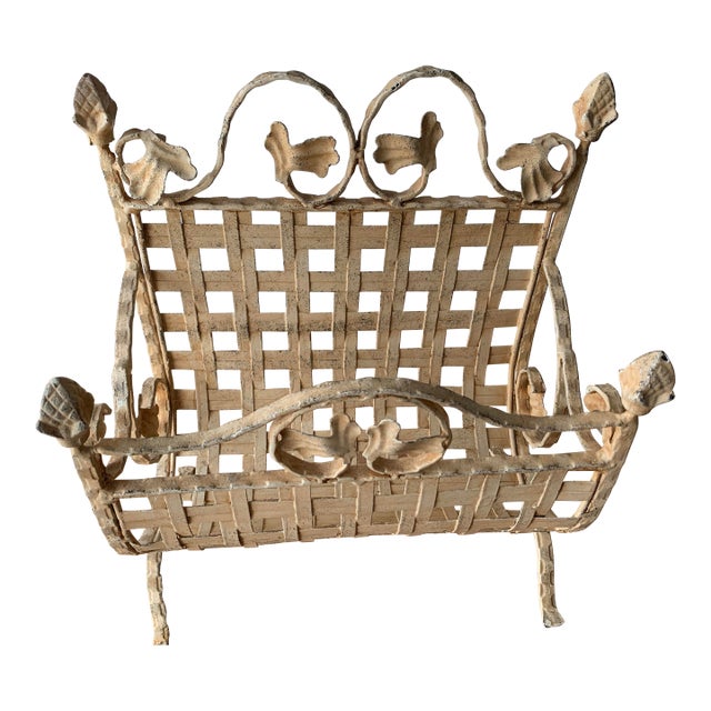 Vintage Wrought Iron Magazine Rack Painted Yellow Shabby Chic Finish For Sale