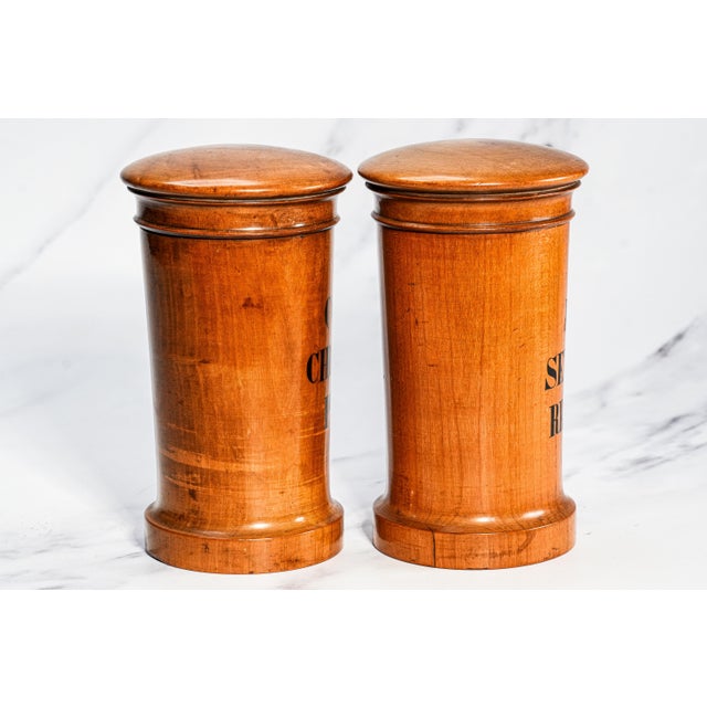 Amazing Pair of Carved European Antique 19th Century Wood Apothecary Pharmacy Lidded Jars Home Decor Medical Health For Sale - Image 13 of 14