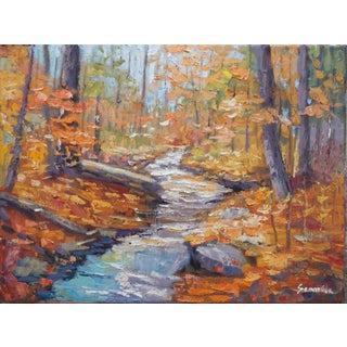 Sean Wu Original Oil Painting, Stream in the Autumn Forest For Sale