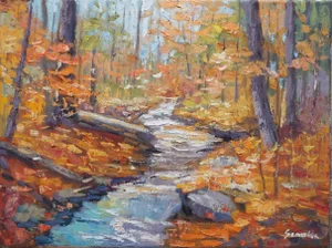 Sean Wu Original Oil Painting, Stream in the Autumn Forest