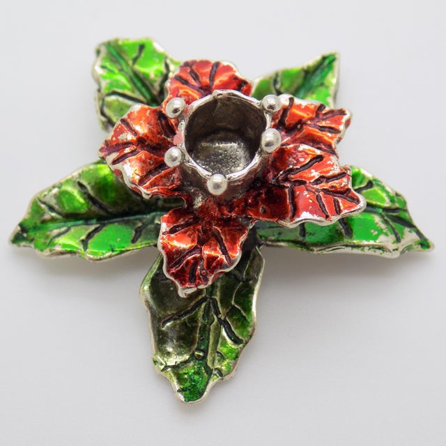 Vintage Italian Handmade Genuine Silver Poinsettia Christmas Decorative Mini Candle Holder Dollhouse Miniature For Sale - Image 4 of 10