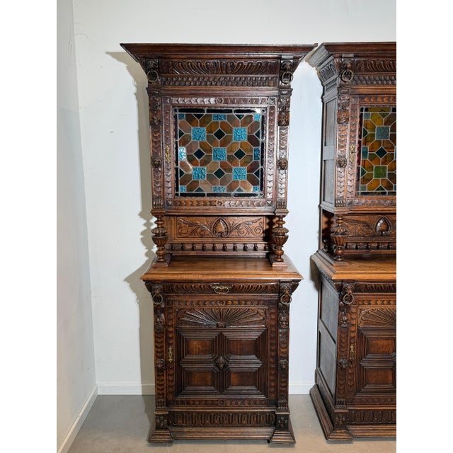 Antique Neo-Renaissance Oak Display Cabinets with Stained Glass, Set of 2 For Sale - Image 3 of 8